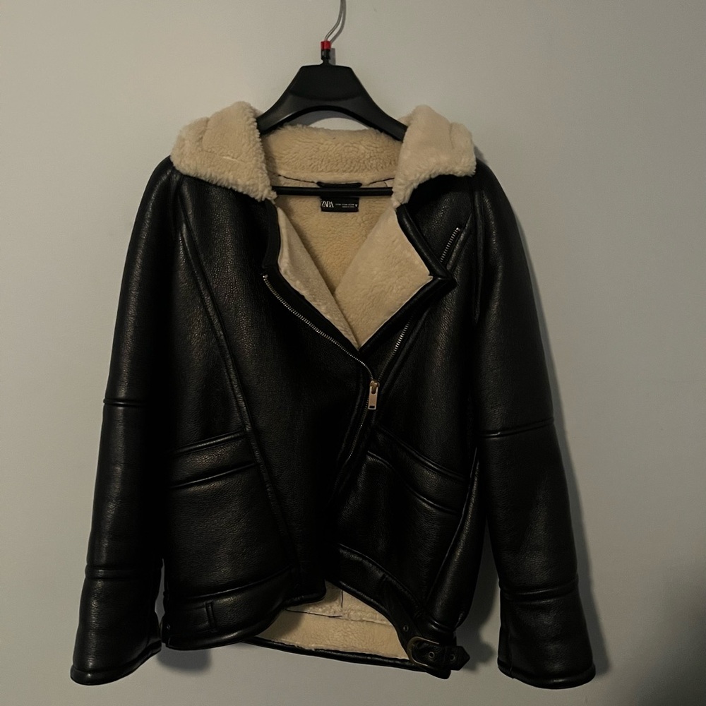 Zara oversized moto leather coat.